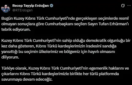Erdoğan’dan Tebrik Mesajı