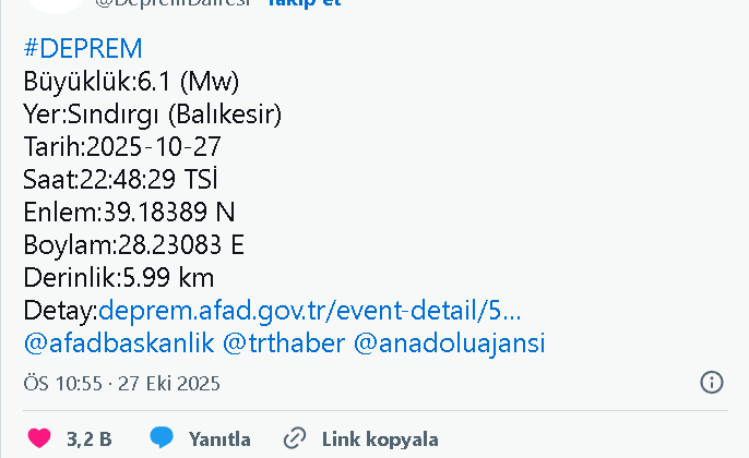 Balıkesir Sındırgı’da 6,1 Büyüklüğünde Deprem! İstanbul ve Çevre İller de Sarsıldı