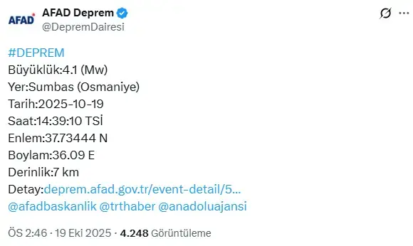 Osmaniye'de 4.1 Büyüklüğünde Deprem! Çevre İllerde de Hissedildi